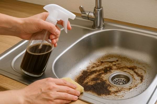 Une personne pulvérise un liquide brun dans un évier sale tout en tenant une éponge.