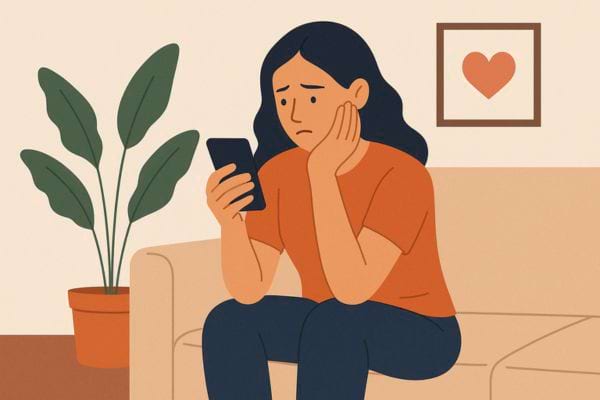 Femme préoccupée regardant son téléphone sur un canapé.