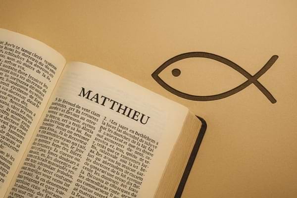 Évangile de Matthieu ouvert à côté d’un symbole de poisson chrétien.