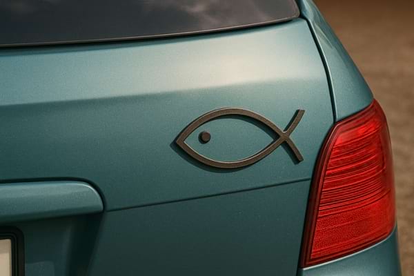 Emblème de poisson chrétien collé à l’arrière d’une voiture bleue.