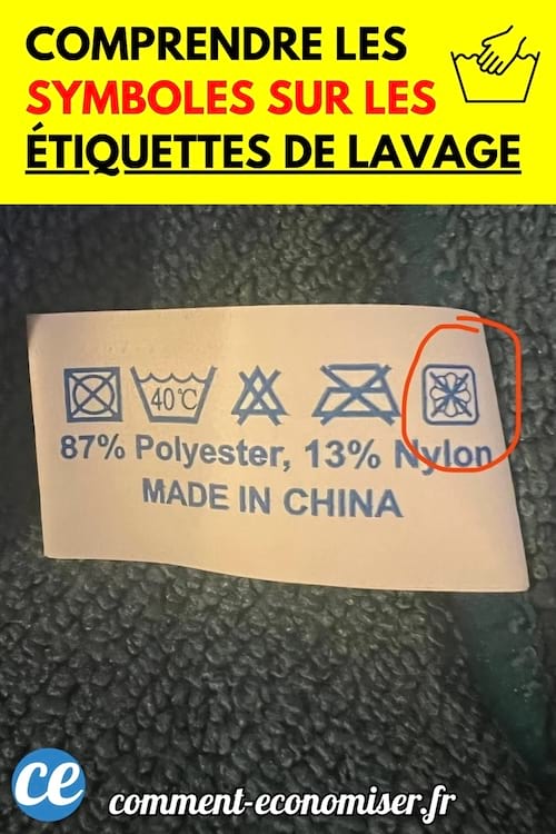 Une étiquette de vêtement affiche plusieurs symboles de lavage, dont un cerclé en rouge.