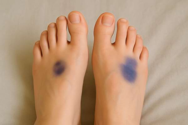 Ecchymoses violettes visibles sur le dessus des pieds.
