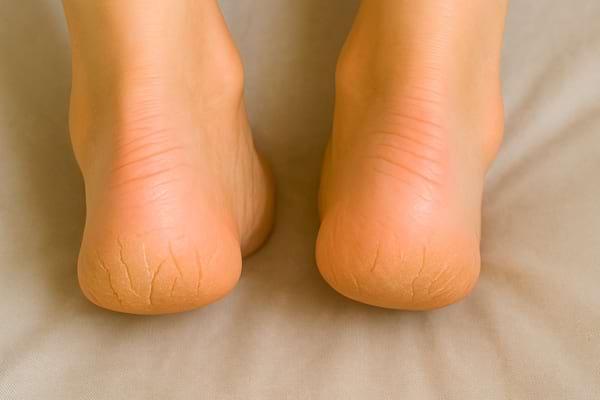 Talons secs et fendillés posés sur un drap clair.