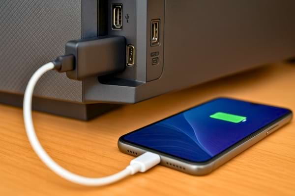 Un smartphone se recharge via un câble USB connecté à un port latéral de la TV.  