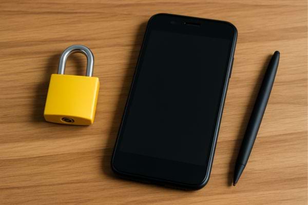 Téléphone posé à côté d’un cadenas symbolisant la sécurité.