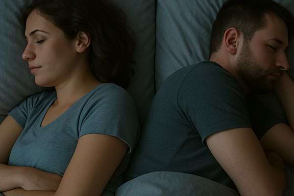 Plan rapproché d’un couple allongé séparément, yeux fermés, aucune connexion visible.