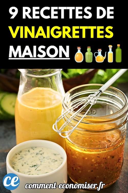 Trois contenants remplis de vinaigrettes maison variées, avec un fouet posé dans un bocal en verre.