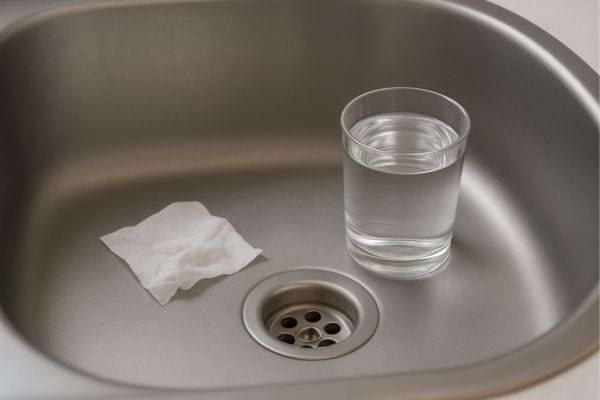 Un verre d’eau posé à côté d’un papier dans un évier en inox propre.