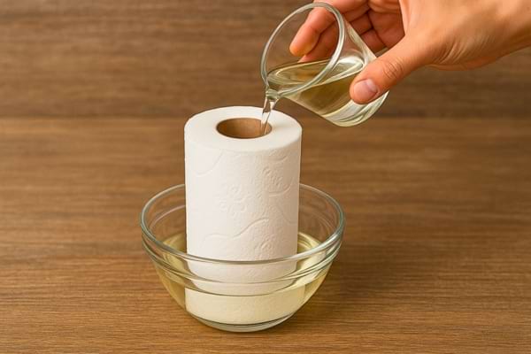 Main versant du vinaigre dans un rouleau de papier toilette placé dans un bol.