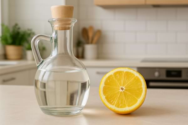 Une bouteille de vinaigre blanc posée à côté d’un demi-citron.