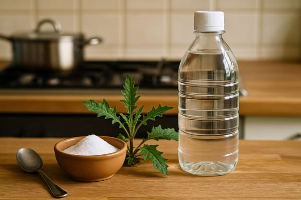 Un bol de sel, une plante et une bouteille de vinaigre sur un plan de travail.