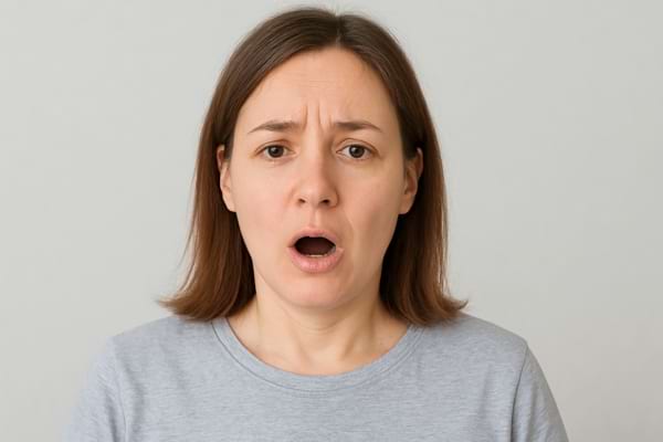 Une femme bouche ouverte semble incapable de parler clairement.