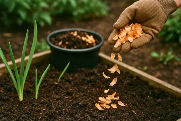 Une main gantée répand des pelures d’ail dans la terre du potager.