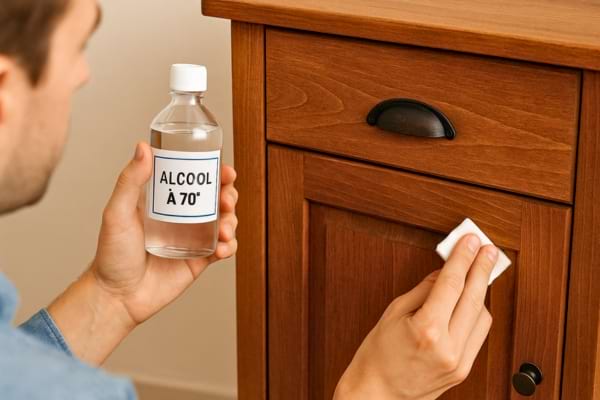 L’homme utilise de l’alcool à 70° sur un coton pour nettoyer un meuble en bois.