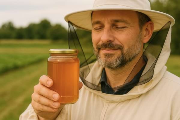 Apiculteur tenant un pot de miel et fermant les yeux.