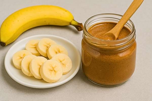 Banane entière avec tranches sur assiette blanche et pot de beurre de cacahuète.