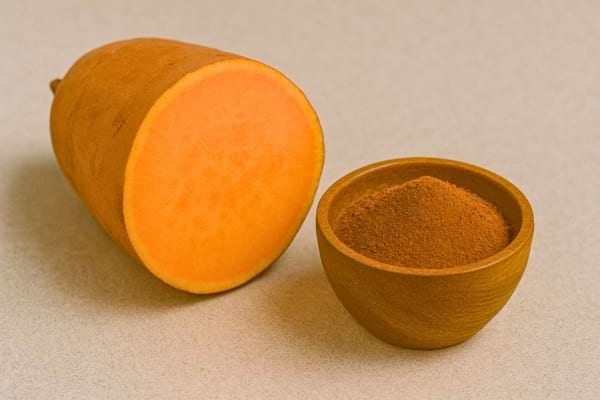 Demi-fruit de baobab avec bol de poudre orange sur table beige.