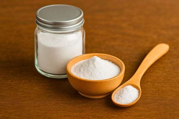 Un petit pot en verre et des cuillères de bicarbonate blanc.