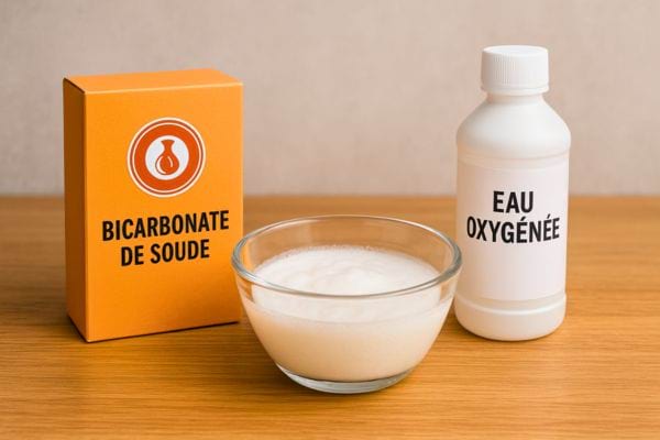Bicarbonate de soude et eau oxygénée posés sur une table en bois.