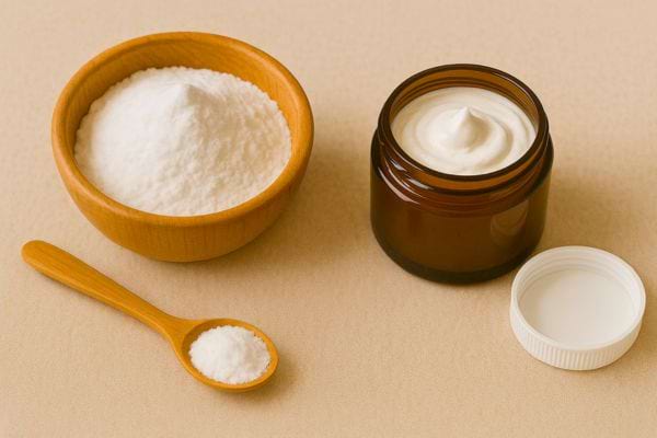 Un bol de bicarbonate et un pot de crème maison sont posés avec une cuillère en bois.