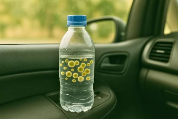 Bouteille en plastique contenant de l’eau avec des bactéries visibles.