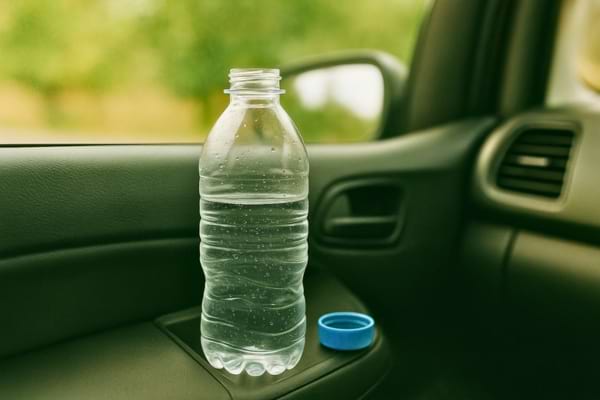 Bouteille en plastique ouverte posée sur la portière de voiture.