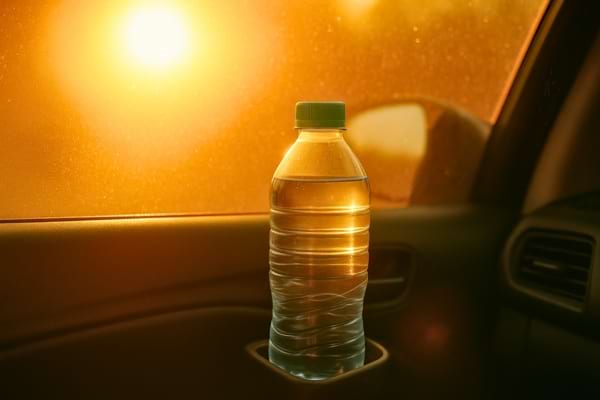 Bouteille en plastique exposée en plein soleil dans une voiture.