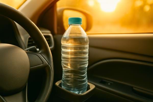 Bouteille en plastique posée dans un support près du volant au soleil.