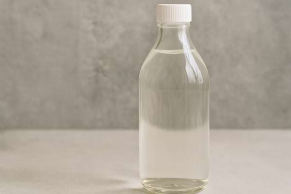 Un flacon transparent est posé à côté d’une pile de pièces et d’une petite plante verte.