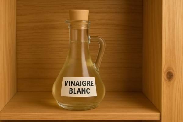 Carafe de vinaigre blanc posée dans une étagère en bois.