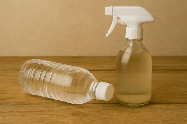 Bouteille en plastique et vaporisateur remplis de vinaigre.