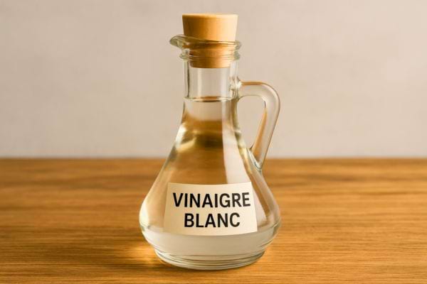 Une carafe en verre remplie de vinaigre blanc posée sur une table en bois.