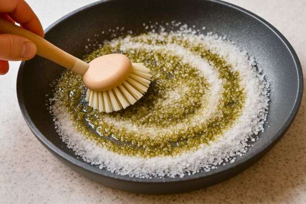Une brosse frotte une poêle recouverte de gros sel et d’huile.