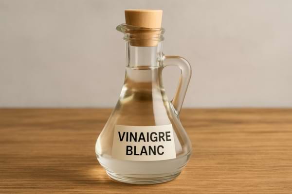 Carafe en verre étiquetée vinaigre blanc.