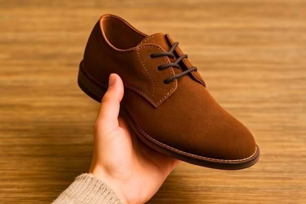 Un main qui tient une paire de chaussure gauche.