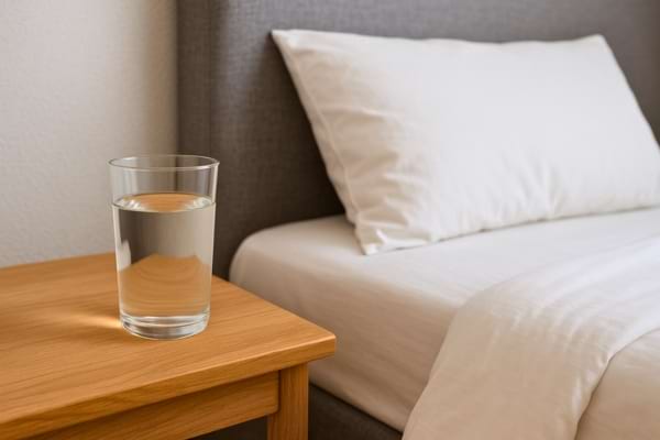 Verre d’eau posé sur une table de chevet près du lit.