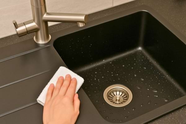 Un chiffon blanc essuie les parois humides d’un évier noir.