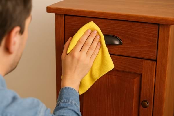 Un homme frotte un meuble en bois foncé avec un chiffon jaune.