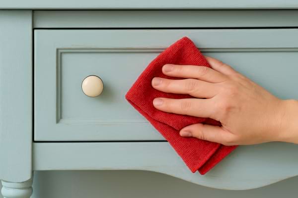 Une main passe un chiffon rouge sur un meuble peint en bleu clair.