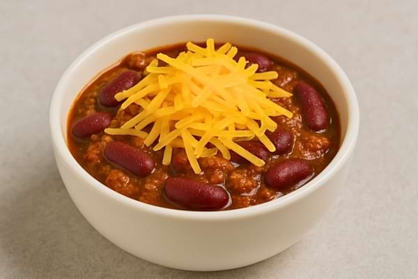 Chili con carne aux haricots rouges et fromage râpé cheddar dans un bol blanc.