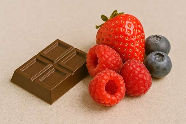 Carré de chocolat noir avec fraise, framboises et myrtilles fraîches.