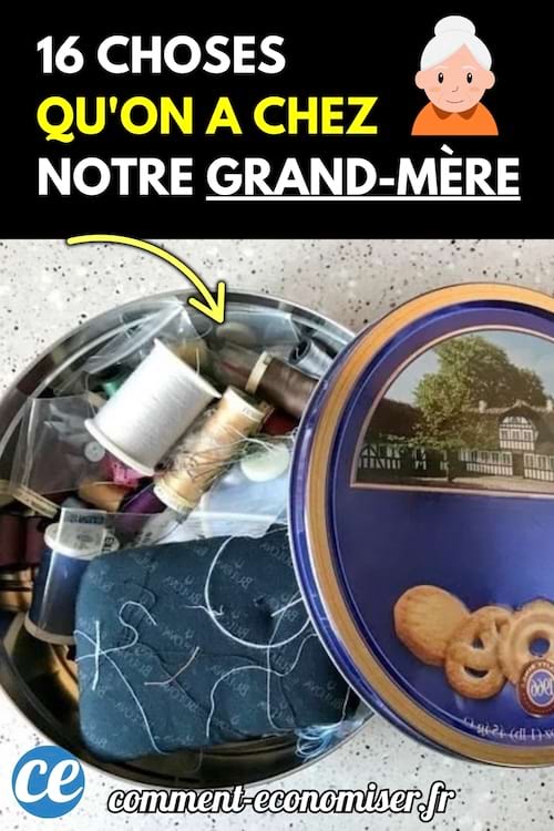 Une boîte métallique de biscuits contenant du matériel de couture varié.