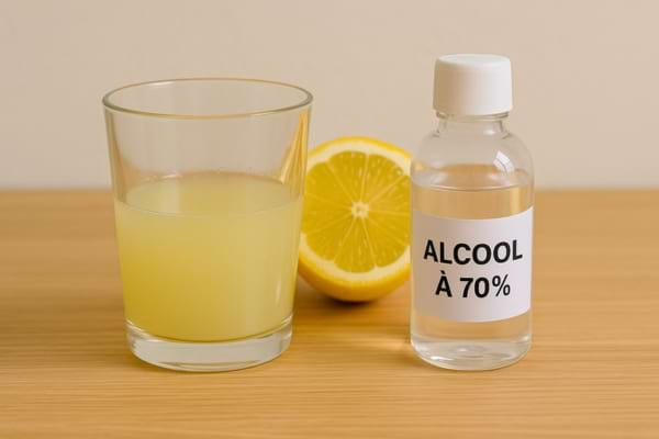 Un citron coupé, un verre de jus et une bouteille d’alcool à 70 % sont posés sur une table.