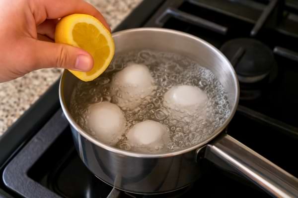 Main pressant un demi-citron au-dessus d’une casserole avec quatre œufs bouillants.