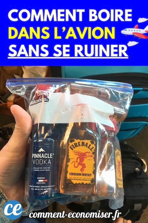 Une main tient un sachet plastique transparent contenant de petites bouteilles d’alcool à bord d’un avion.