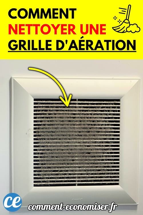 Une grille d’aération blanche recouverte de poussière accumulée sur les lamelles.