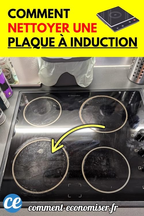 Une plaque à induction noircie et sale dans une cuisine moderne avec un plan de travail gris.