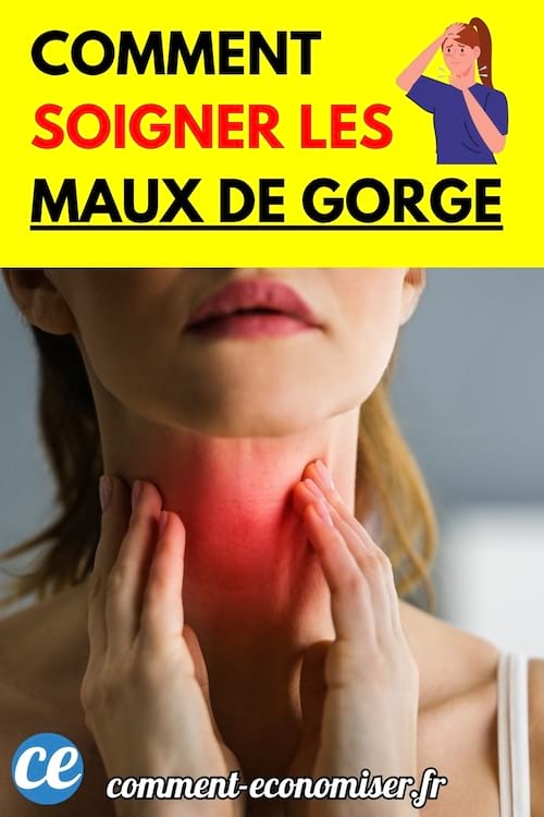 Une femme touche sa gorge rouge et douloureuse avec les deux mains, exprimant un inconfort.