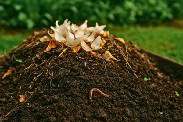 Des pelures d’ail sont déposées sur un tas de compost avec un ver de terre.