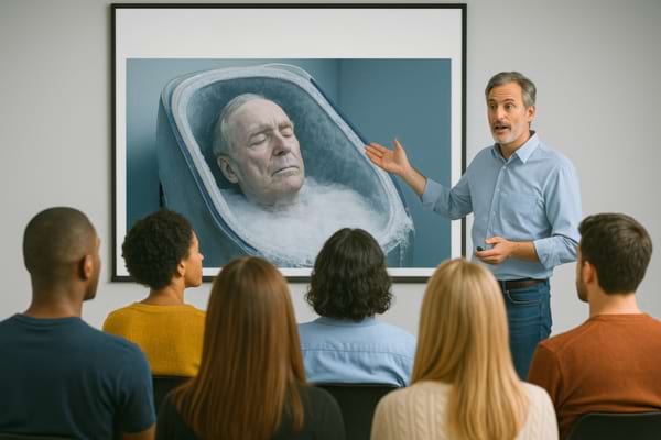 Un conférencier explique la cryogénie devant une image d’un homme allongé dans une capsule glacée.